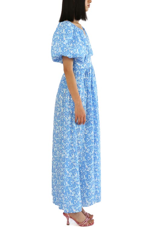 De Loreta Rococo Puff Sleeve Cotton A-line Maxi Dress In Blue