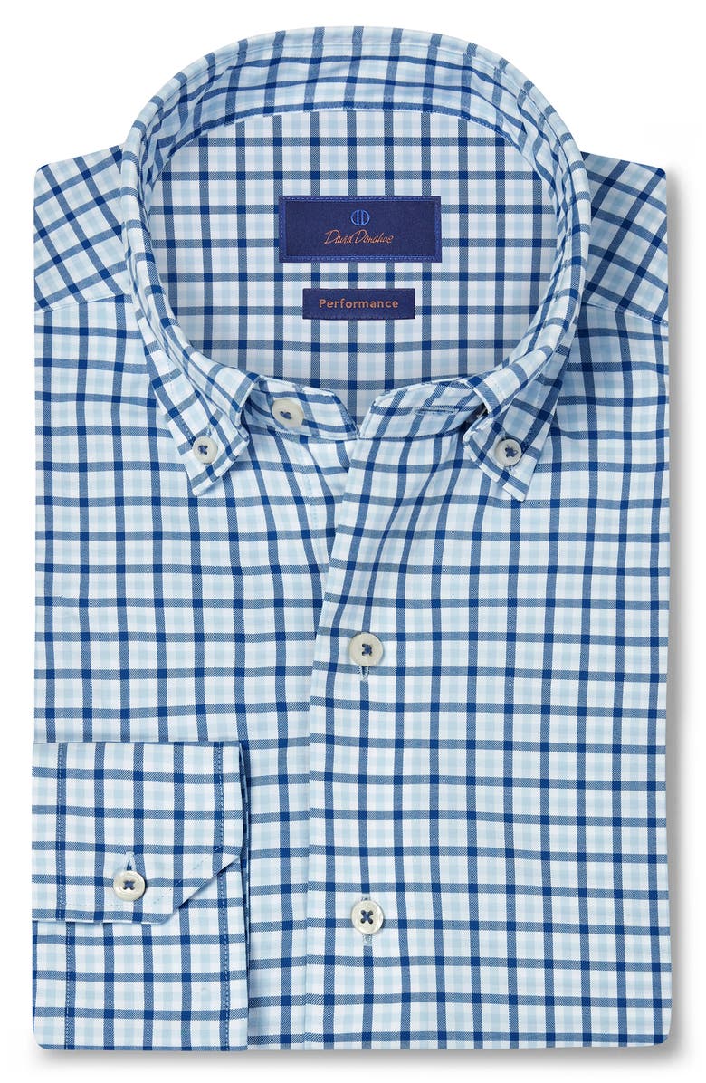 David Donahue Performance Plaid Sport Shirt, Main, color, White/ Blue