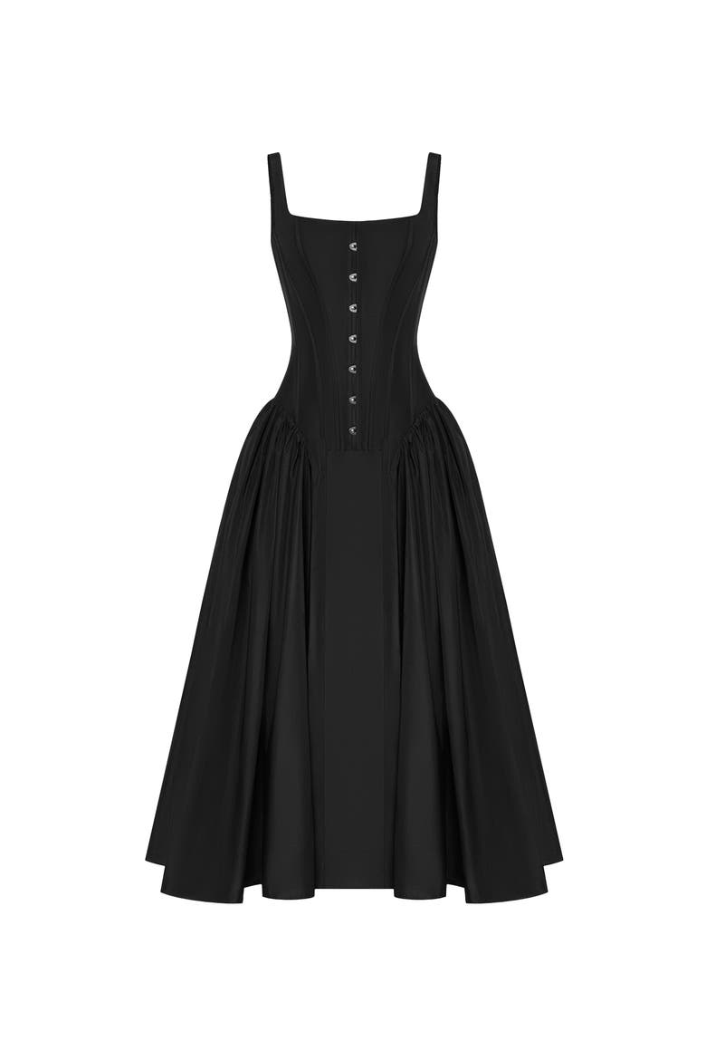 Structured Corset Midi Formal Occasion Dress in Black, Alternate, color, Black