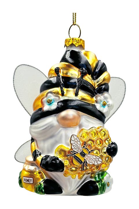 Honeycomb Bee Gnome Glass Ornament