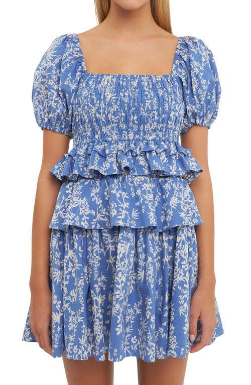 Free The Roses Floral Smocked Tiered Minidress In Blue
