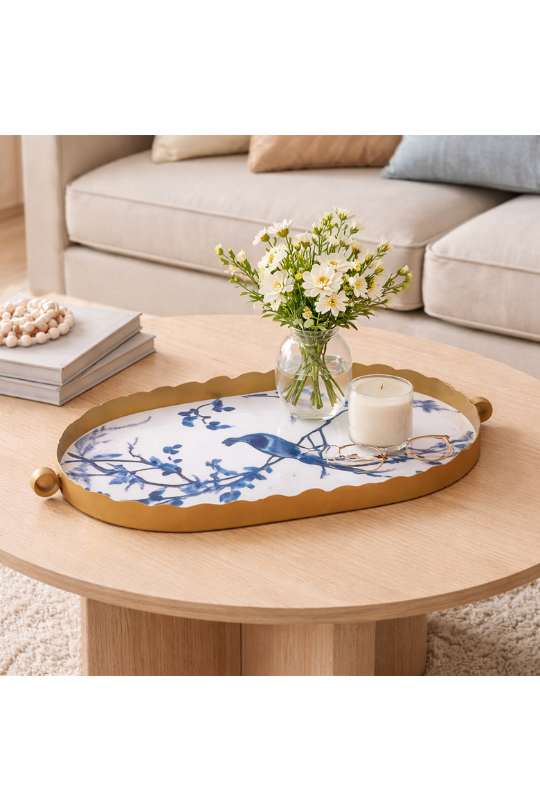 Decorative Tray, Chinoiserie with Gold Rim, Elegant Blue and White Tray, Traditional, Tabletop, Living Room, Ceramic, Blue, Home Decor, Alternate, color, Blue