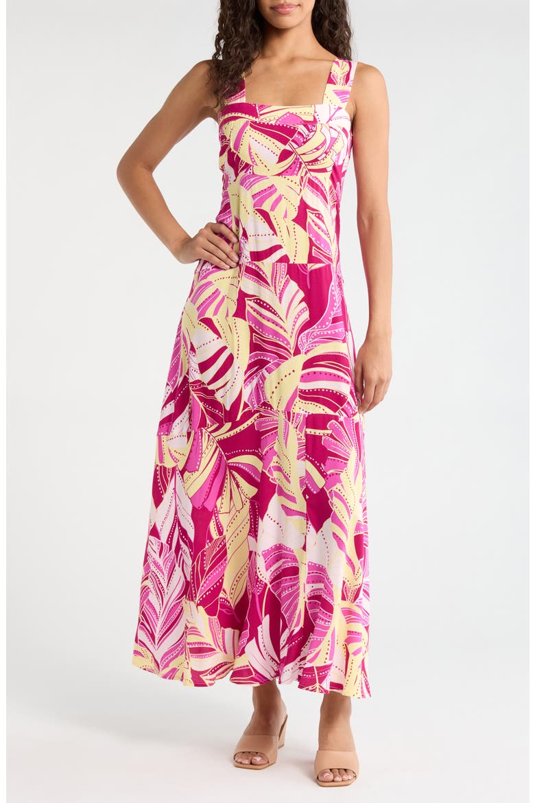 Palm Print Tiered Maxi Dress, Main, color, DEEP SANGRIA