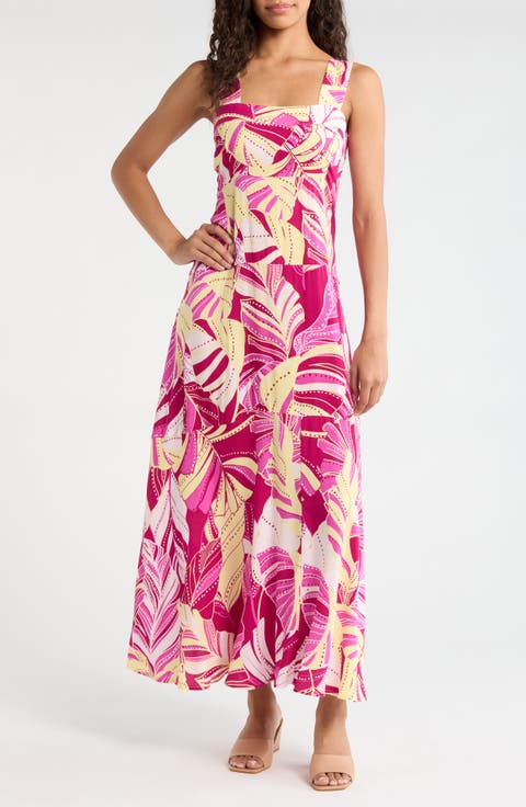 Palm Print Tiered Maxi Dress