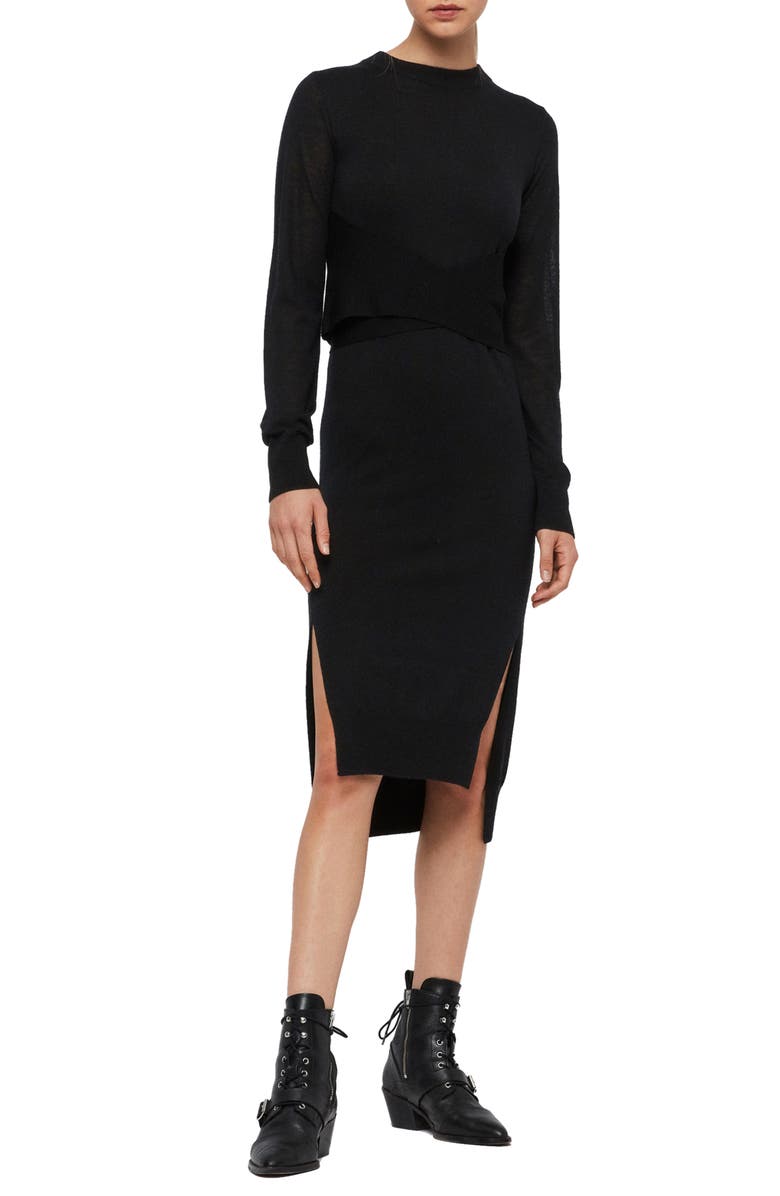 AllSaints Flora Side Slit Long Sleeve Merino Wool Sweater Dress, Main, color, 