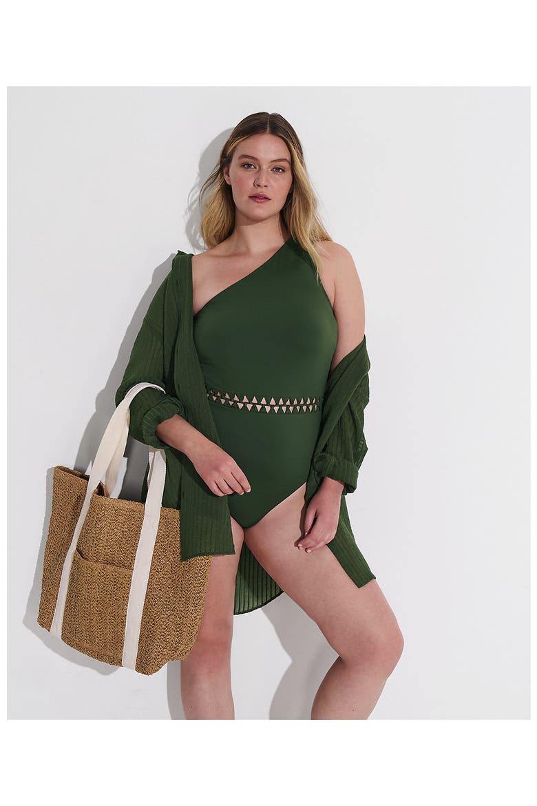 Macrame One Shoulder High Leg One Piece Swimsuit, Alternate, color, Rich Olive Green