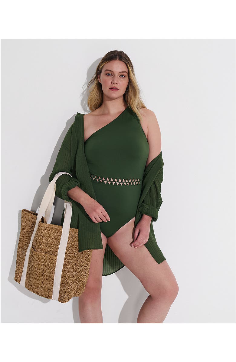 Lands' End Macrame One Shoulder High Leg One Piece Swimsuit, Alternate, color, Rich Olive Green