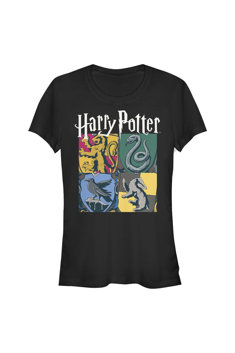 Junior's Harry Potter Hogwarts Houses Vintage Collage  Graphic T-Shirt, Main, color, Black