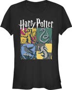 HARRY POTTER Junior's Harry Potter Hogwarts Houses Vintage Collage Graphic T-Shirt