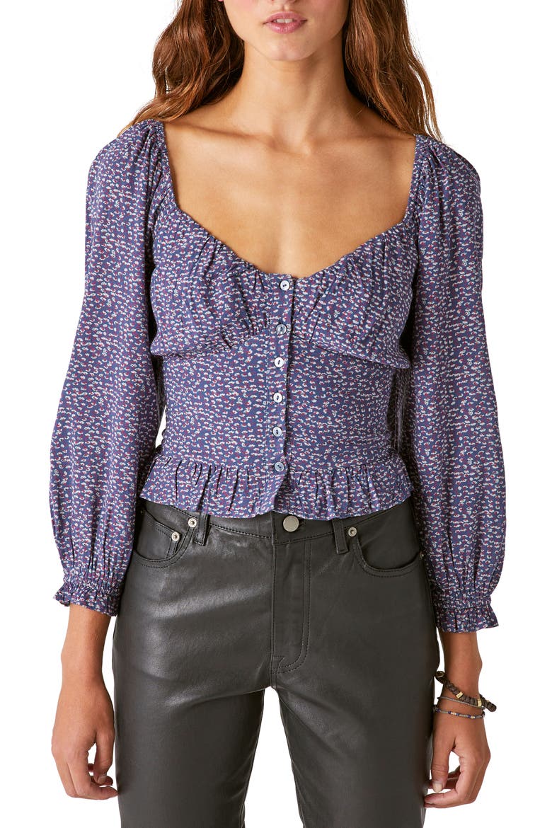 Floral Smocked Button-Up Blouse, Main, color, NAVY MULTI