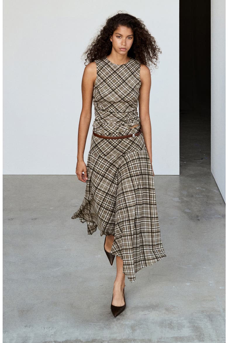 Plaid Draped Sleeveless Top, Alternate, color, BROWN