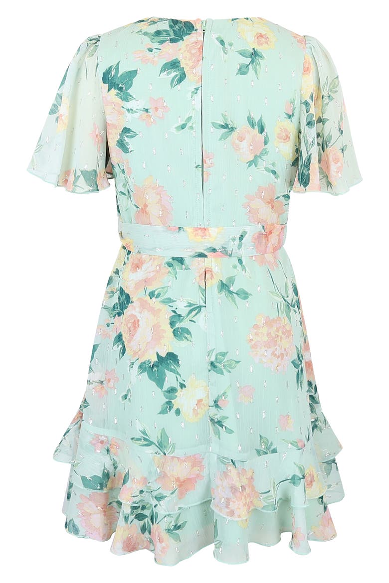 Kids' Metallic Clip Dot Chiffon Faux Wrap Party Dress, Alternate, color, SAGE/ MULTI