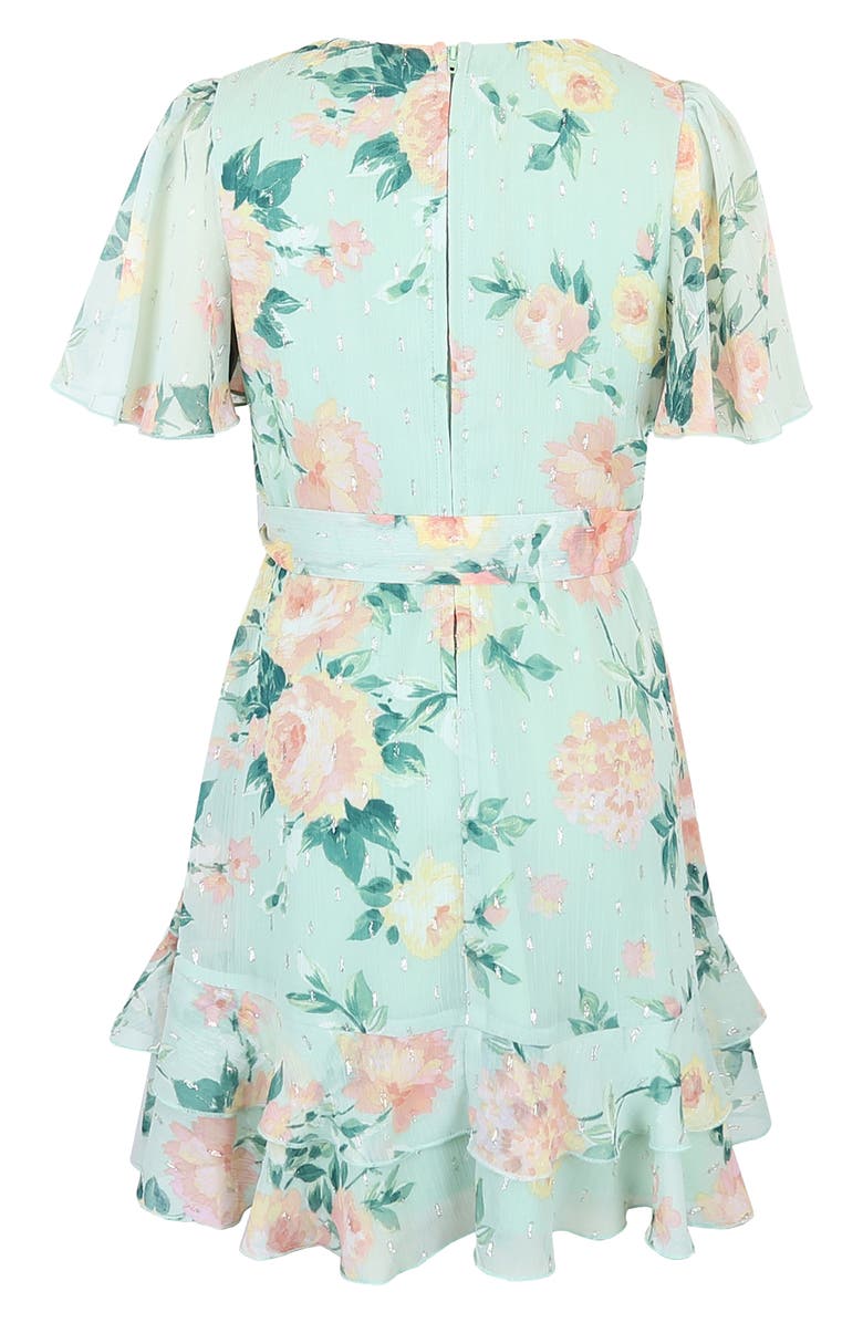 Zunie Kids' Metallic Clip Dot Chiffon Faux Wrap Party Dress, Alternate, color, Sage/ Multi