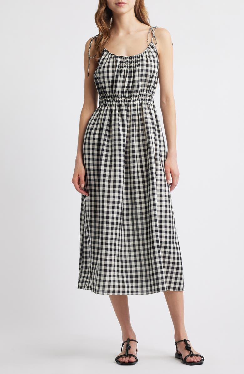 DÔEN Leslie Gingham Pleated Maxi Dress, Main, color, Black Marilyn Gingham