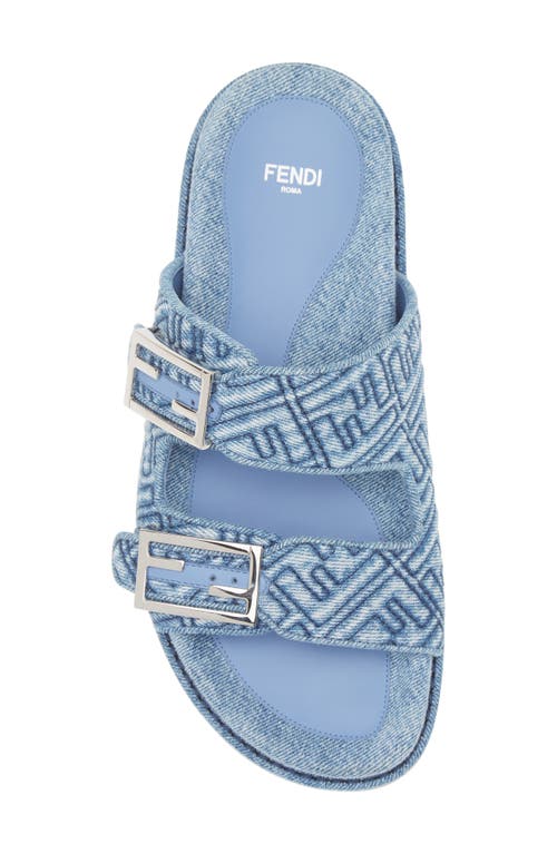 Fendi Ff Embroidered Denim Dual Buckle Slide Sandals In Blue