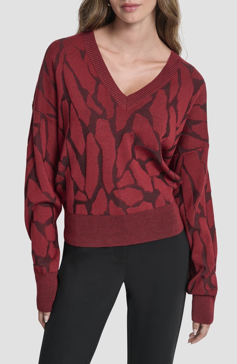 DKNY Jacquard V-Neck Sweater, Main, color, Merlot