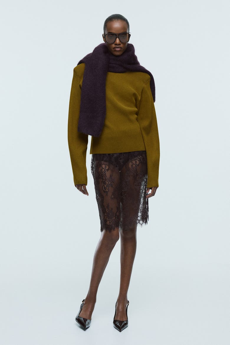 Rib-knit Shoulder-pad Top, Main, color, Olive green