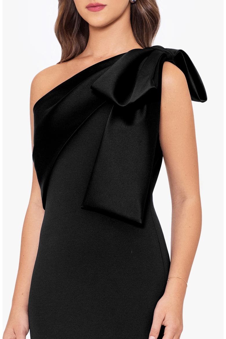 Satin Bow Crepe Mermaid Gown, Alternate, color, BLACK
