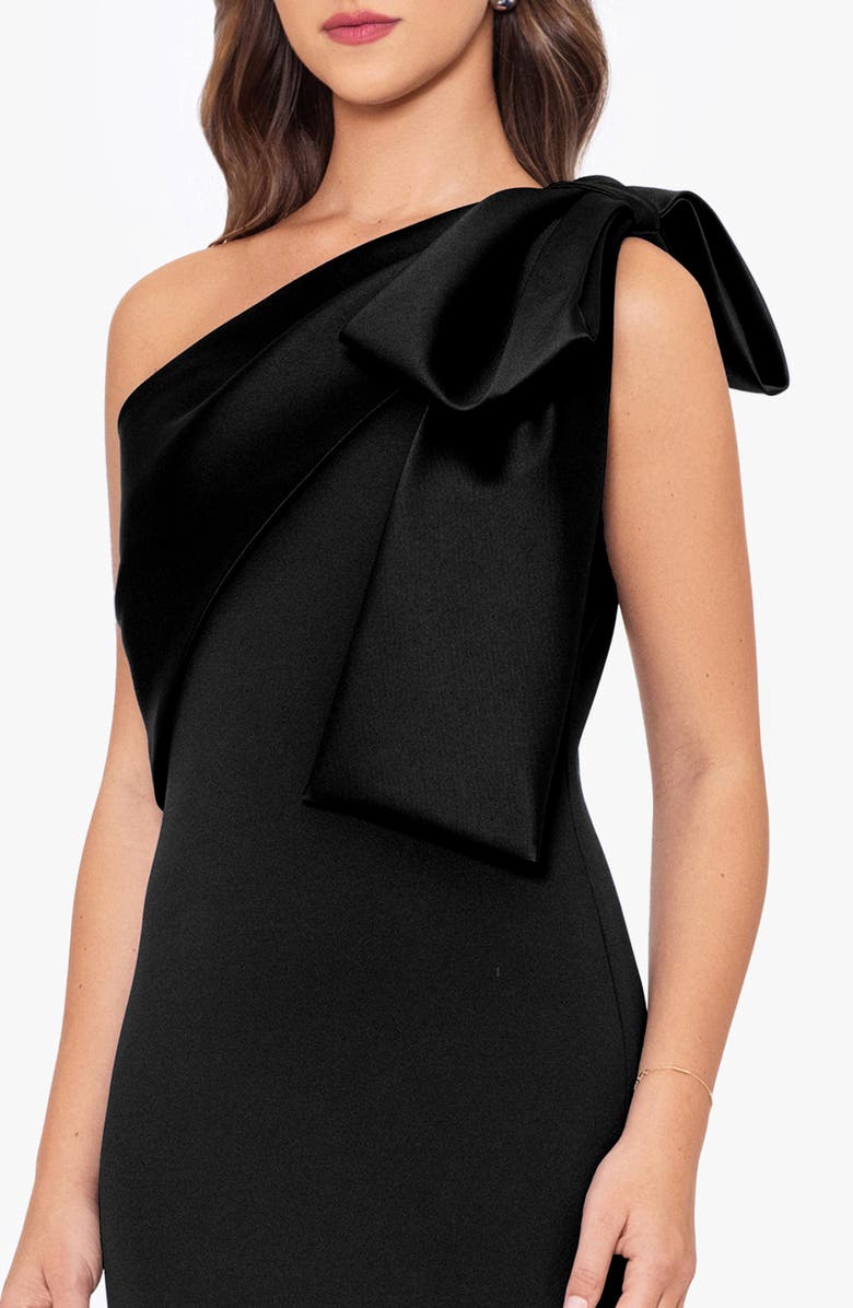 Betsy & Adam Satin Bow Crepe Mermaid Gown, Alternate, color, Black