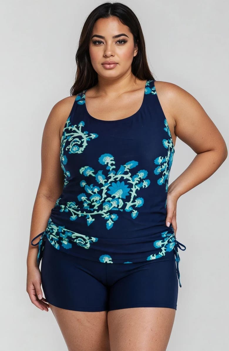 Calypsa Plus Size Maya Tankini Swim Top Removable Cups and Navy Swim Shorts Set, Main, color, Barbados Blue