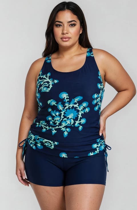 Plus Size Maya Tankini Swim Top Removable Cups and Navy Swim Shorts Set