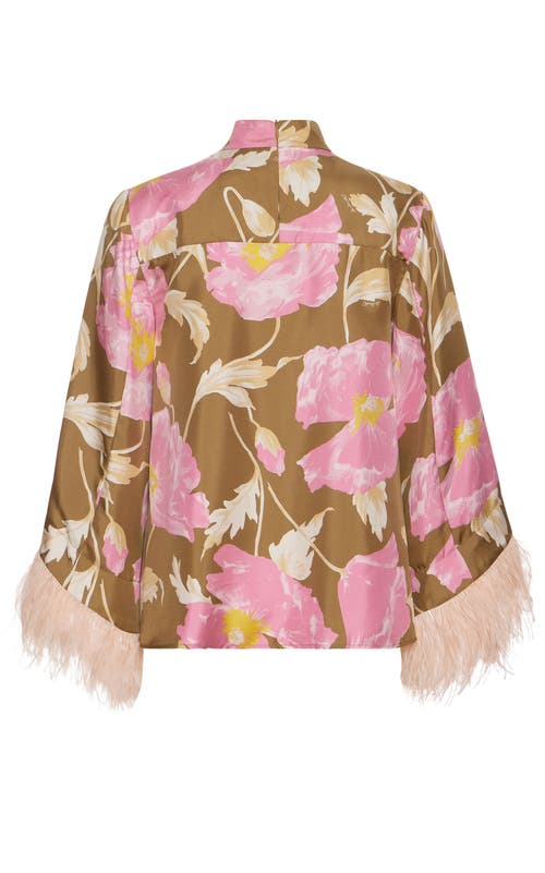 La Doublej Make An Exit Feather-trimmed Silk Top In Sylph Khaki