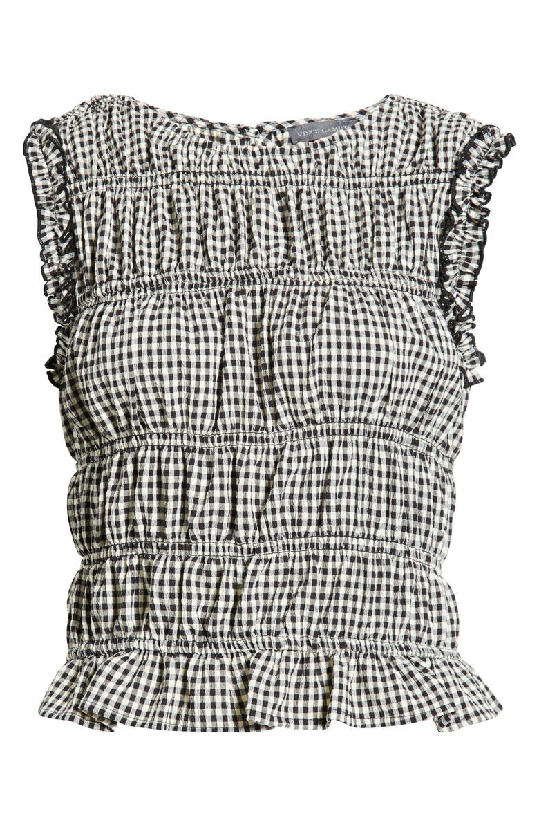 Vince Camuto Gingham Smocked Ruffle Trim Top, Main, color, Rich Black