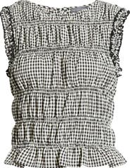 Vince Camuto Gingham Smocked Ruffle Trim Top