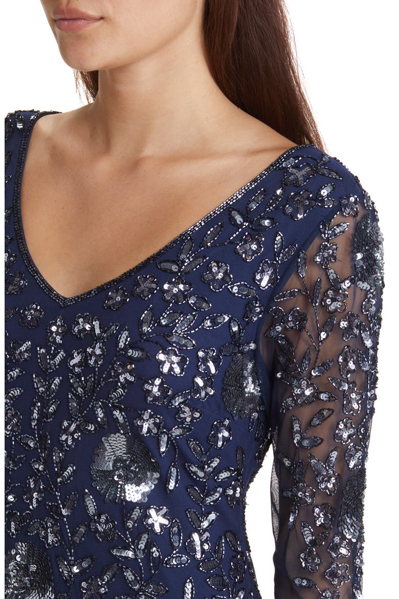 Beaded V-Neck Sheer Sleeve Cocktail Dress, Alternate, color, NAVY/ GUNMETAL 421