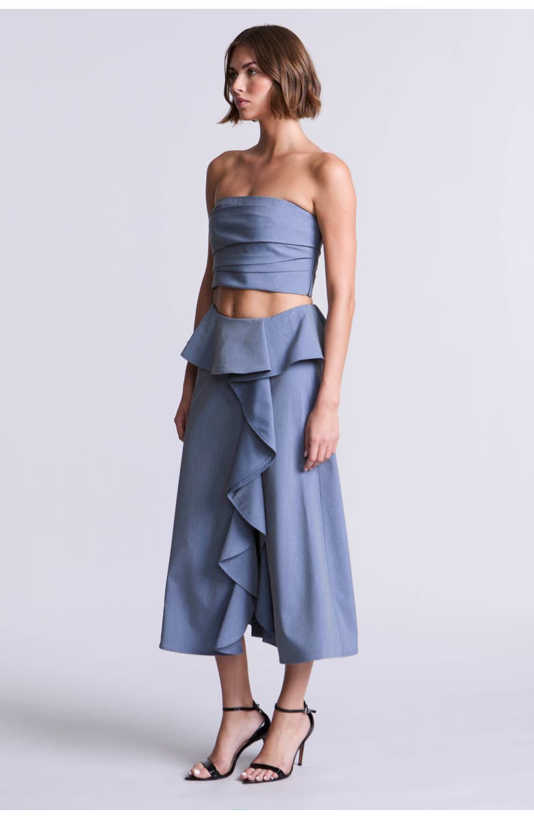 BCBGMAXAZRIA Cascade Midi Skirt, Alternate, color, Yarn Dye Denim Blue Suiting