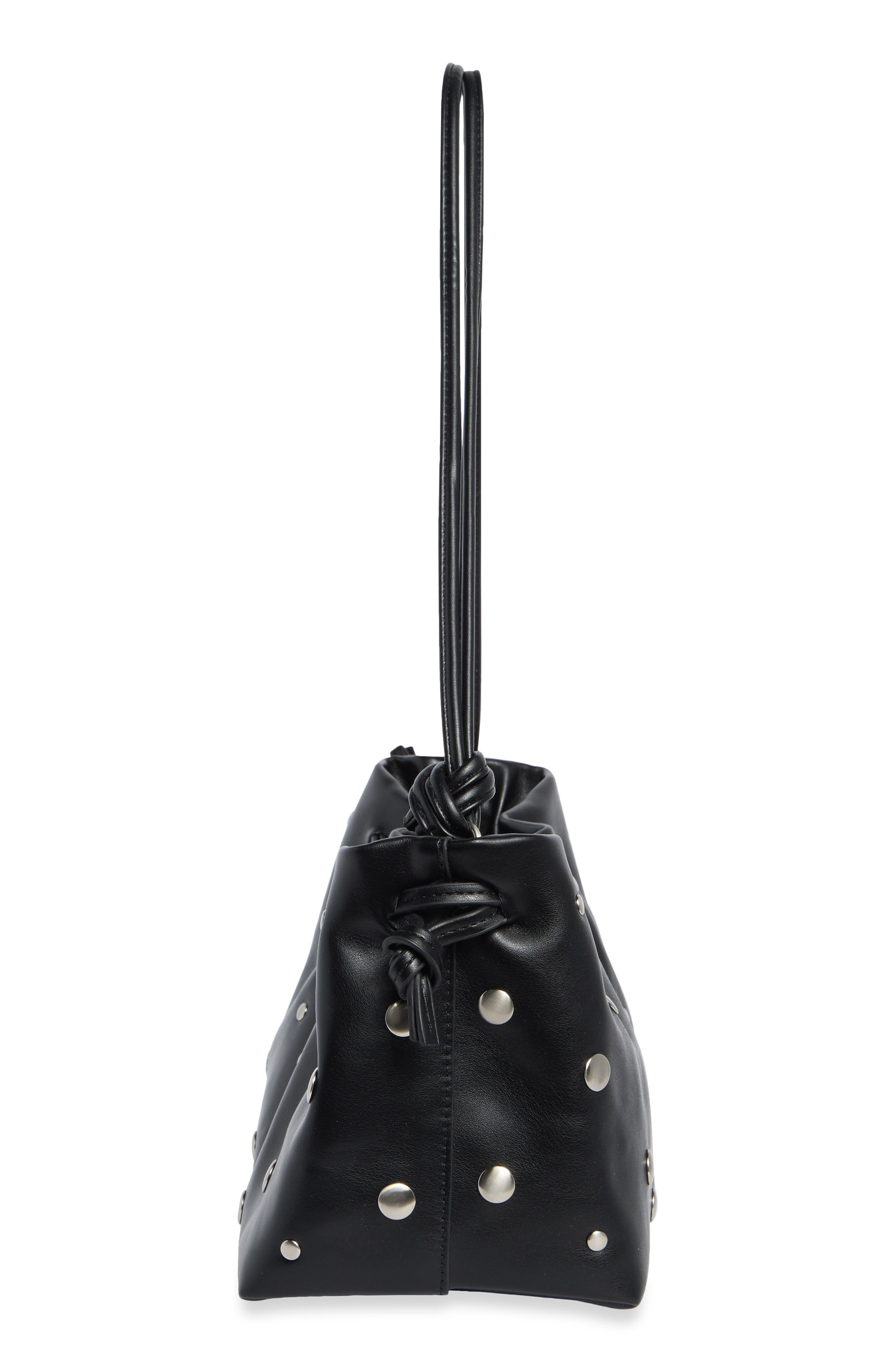 Studded Drawstring Faux Leather Shoulder Bag, Alternate, color, BLACK