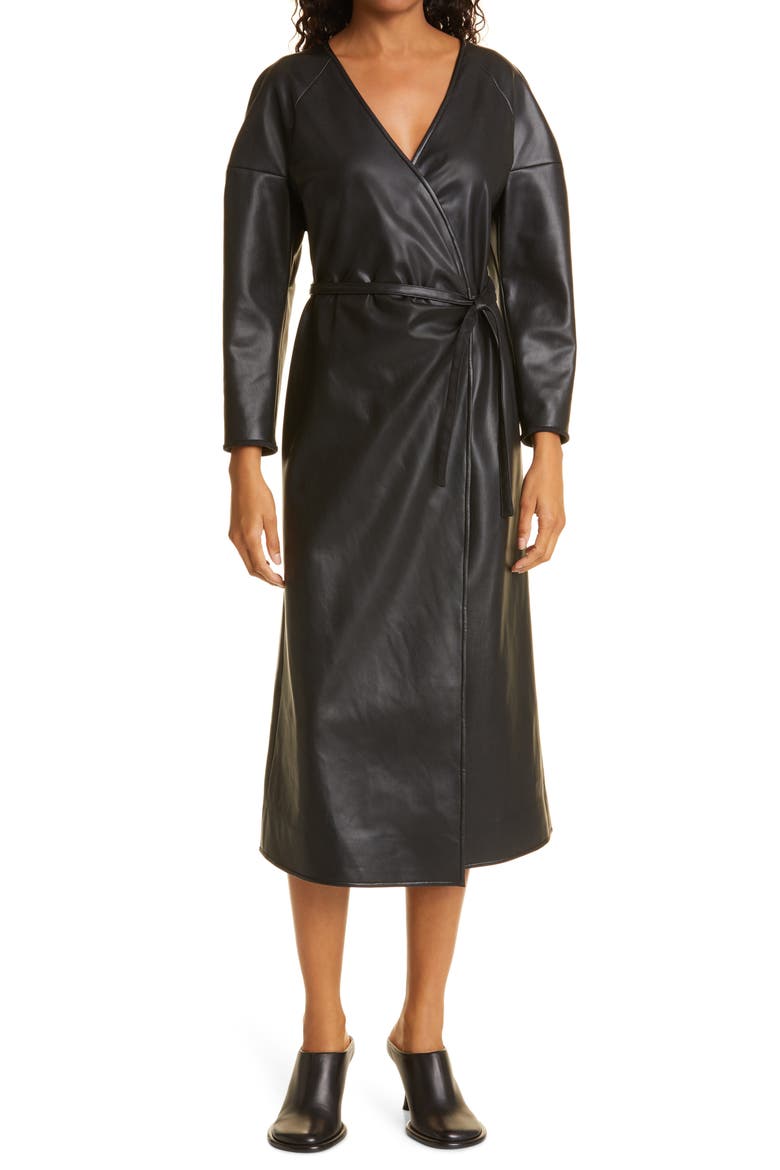 Proenza Schouler Faux Leather Long Sleeve Wrap Dress, Main, color, BLACK