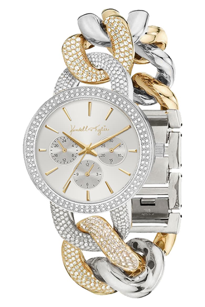 Glass Crystal Chain Link Band Watch, 38mm, Main, color, SILVER/ GOLD