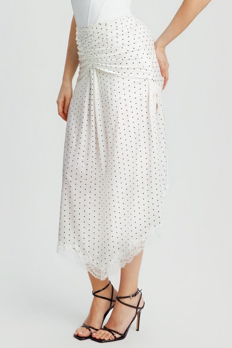 Built In Shapewear Satin Ruched Mermaid Skirt with Lace Trim, Alternate, color, Snow