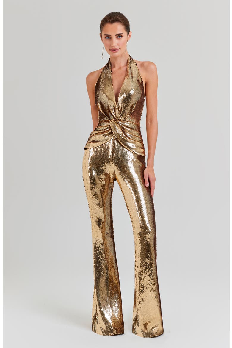 Tianna Sequin Halter Flare Jumpsuit, Alternate, color, GOLD