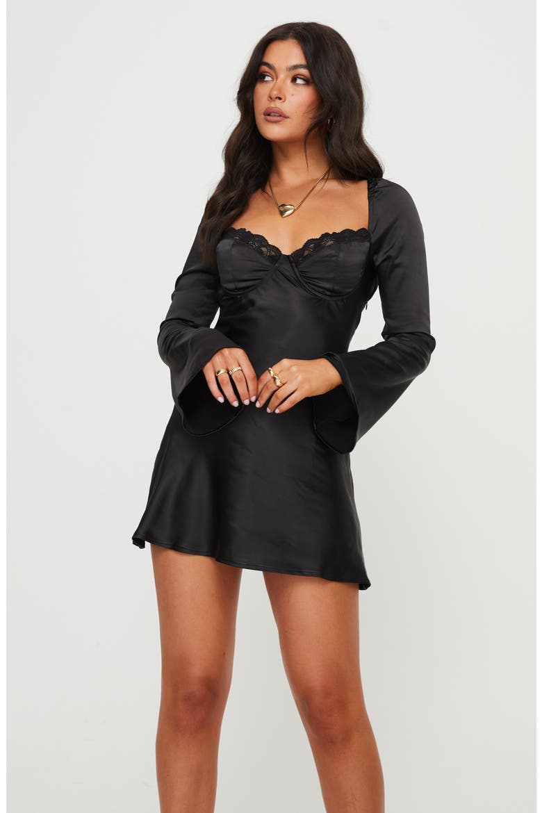 Moniz Lace Trim Long Sleeve Satin Minidress, Alternate, color, BLACK