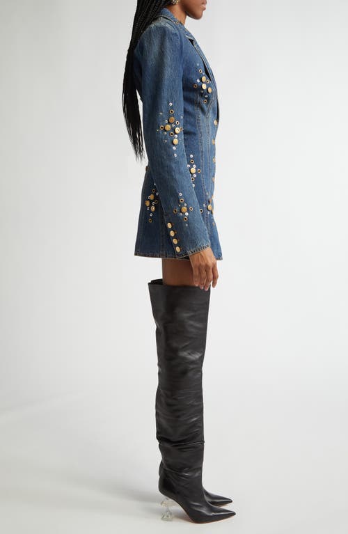 Shop Area Crystal Button Studded Long Sleeve Denim Blazer Minidress In Dark Blue