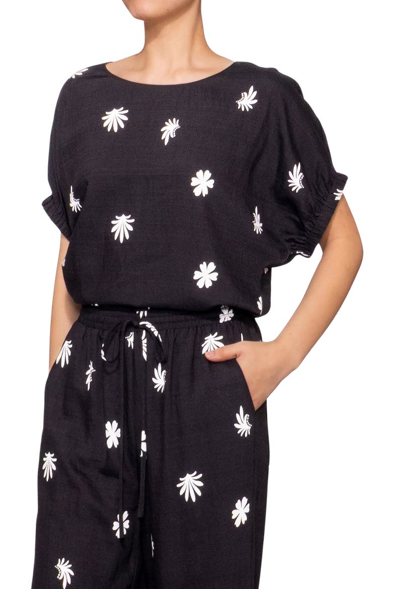 Floral Print Short Sleeve Top, Alternate, color, BLACK WHITE