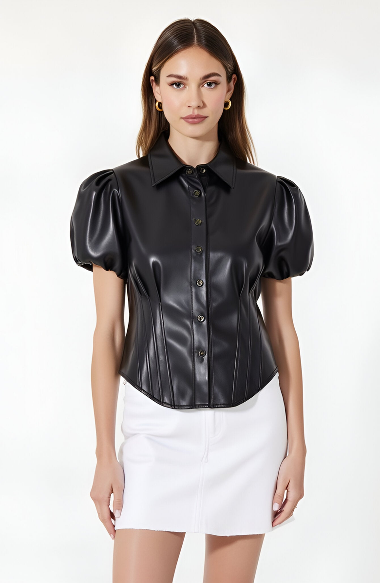 Modenaire Faux Leather Puff Sleeve Button-Up Shirt with Structured Corset Seams, Main, color, 