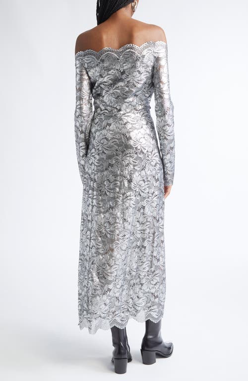 Rabanne Metallic Long Sleeve Stretch Lace Dress In Silver