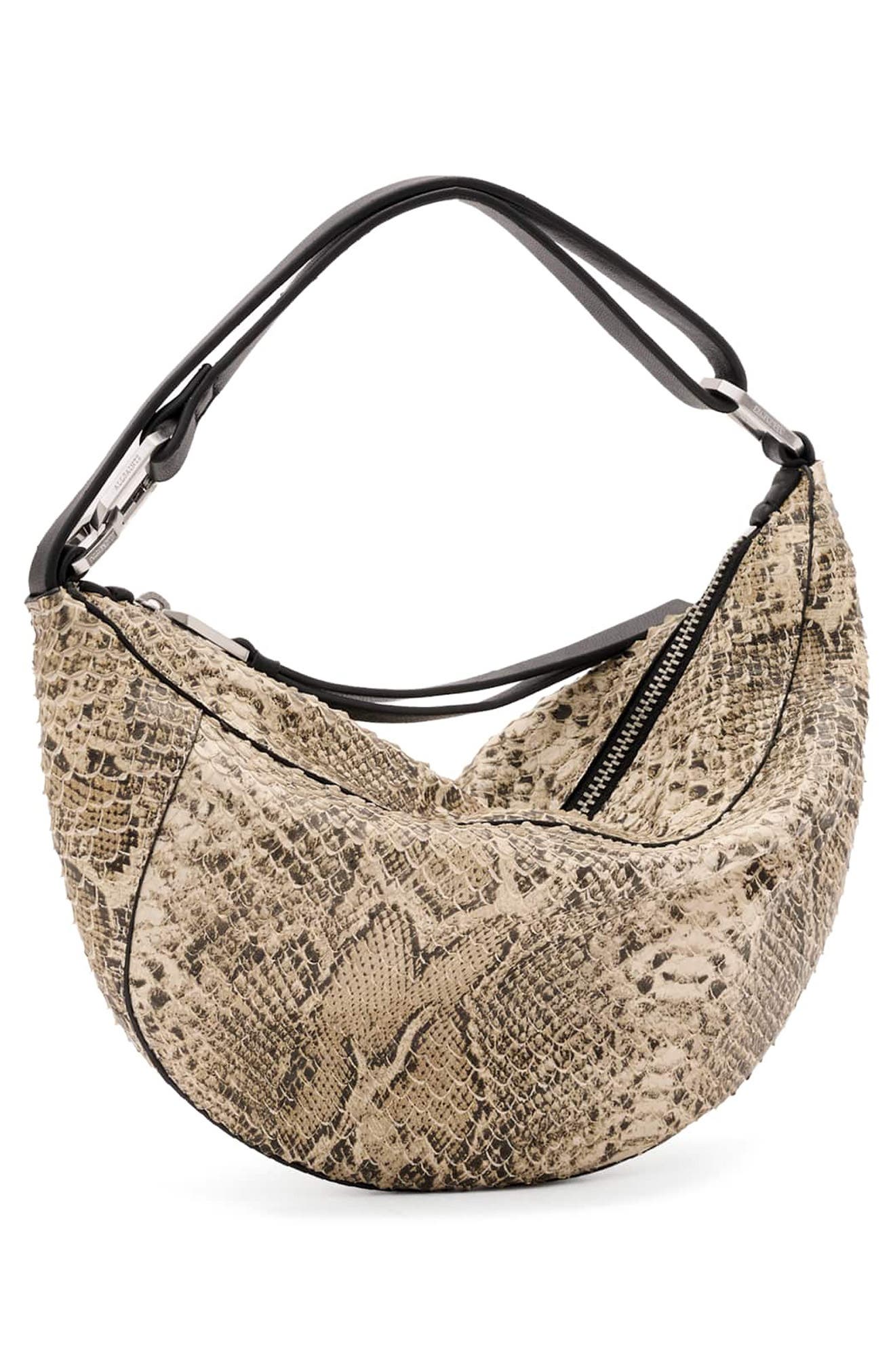 AllSaints Mirco Luna Snakeskin Embossed Leather Shoulder Bag, Alternate, color, Desert White