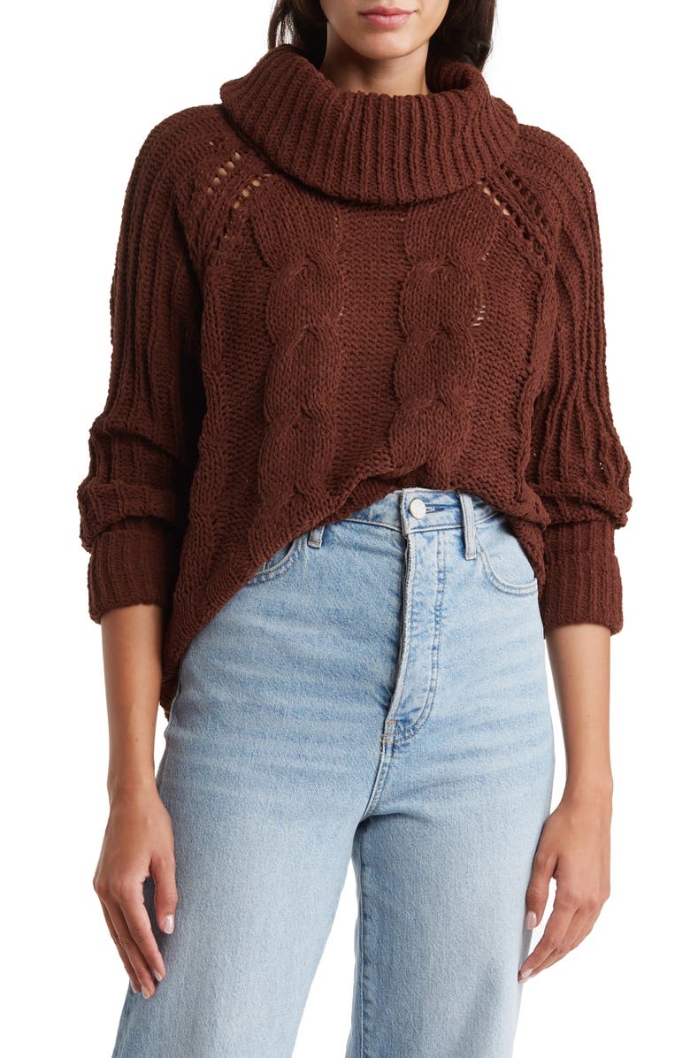 DR2 by Daniel Rainn Turtleneck Crop High-Low Sweater, Main, color, Chocolate