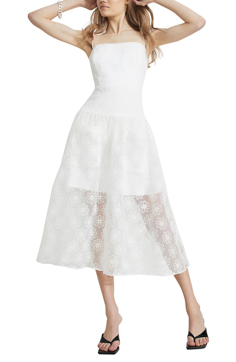 Bardot Embroidered Organza Midi A-Line Dress, Main, color,