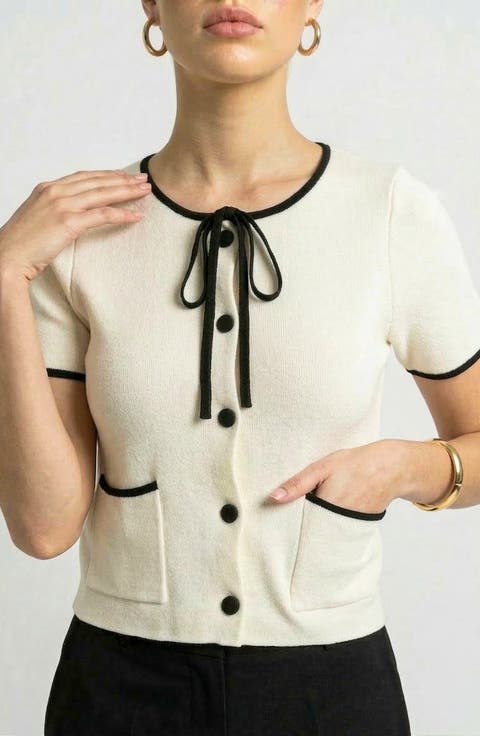 Short Sleeve Sweater Top with Button Front and Contrast Trim