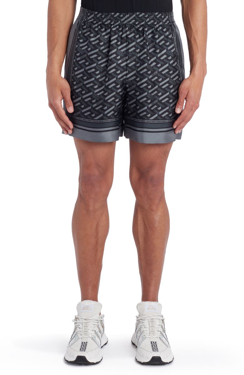 Versace La Greca Monogram Print Silk Twill Shorts, Main, color,