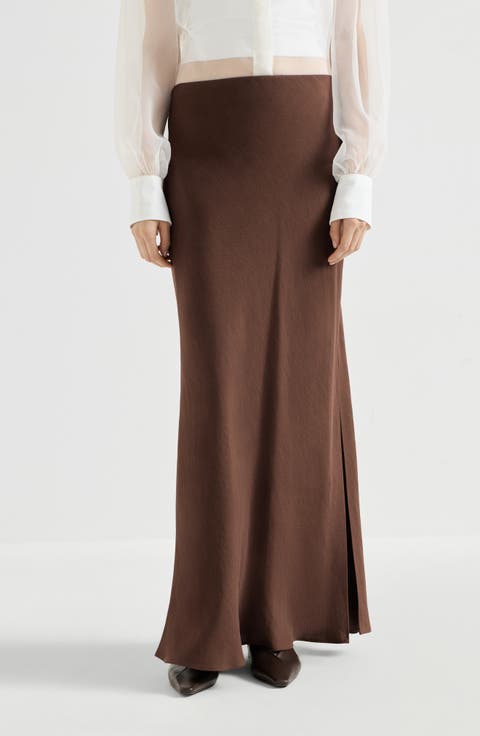 Viscose and linen twill fluid bias-cut skirt