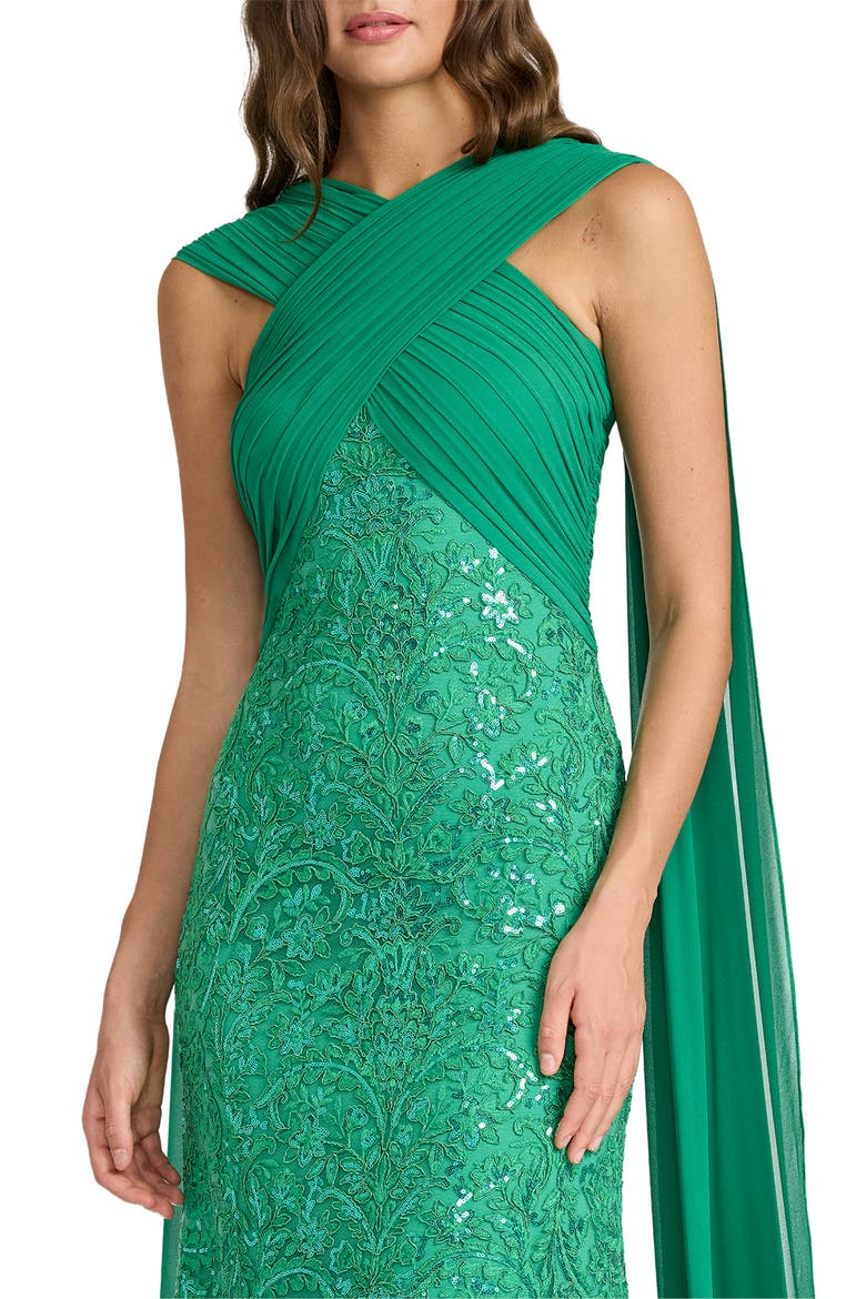 Sequin Lace Cape Halter Gown, Alternate, color, ANCIENT JADE
