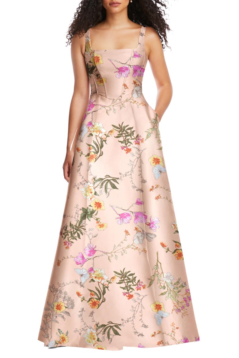 Floral Corset Satin Gown, Main, color, BUTTERFLY BOTANICA-PINK SAND