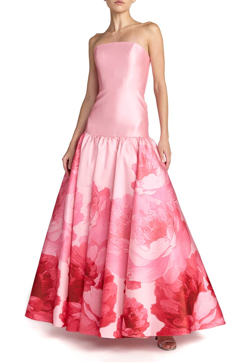 Printed Mikado Strapless Drop Waist Ballgown, Main, color, Blush Multi