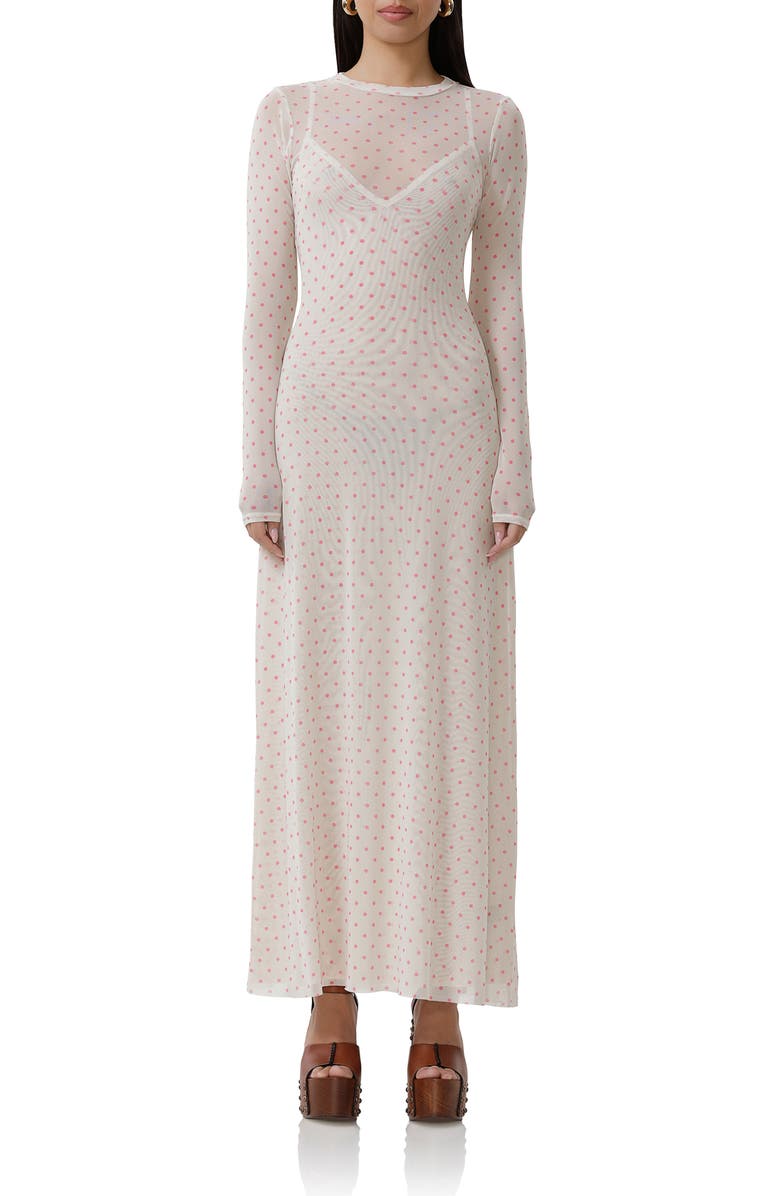 AFRM Paola Polka Dot Long Sleeve Mesh Dress, Main, color, Coral Micro Dot